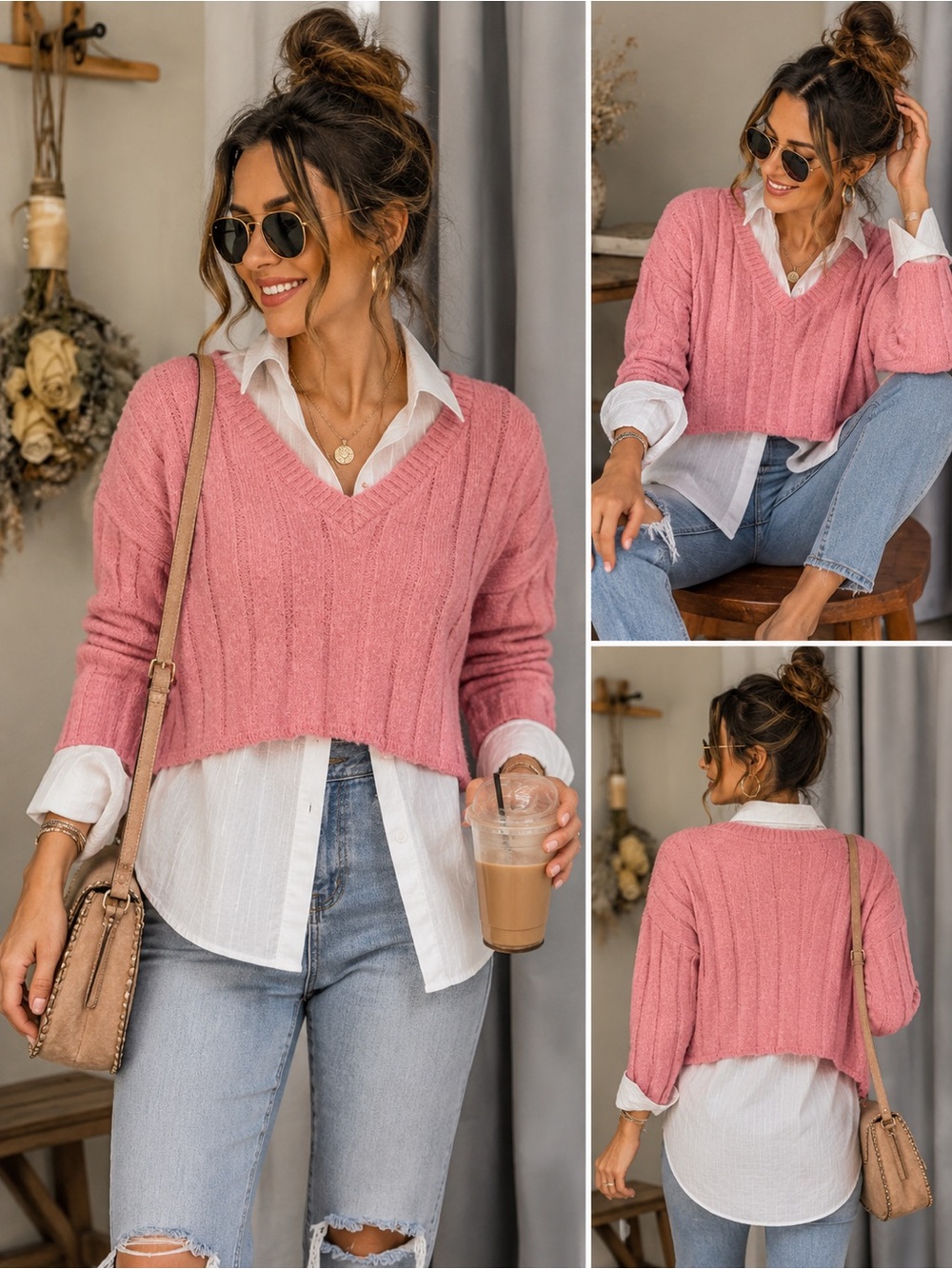 Women's Bubblegum Pink V-Neck Cropped Sweater